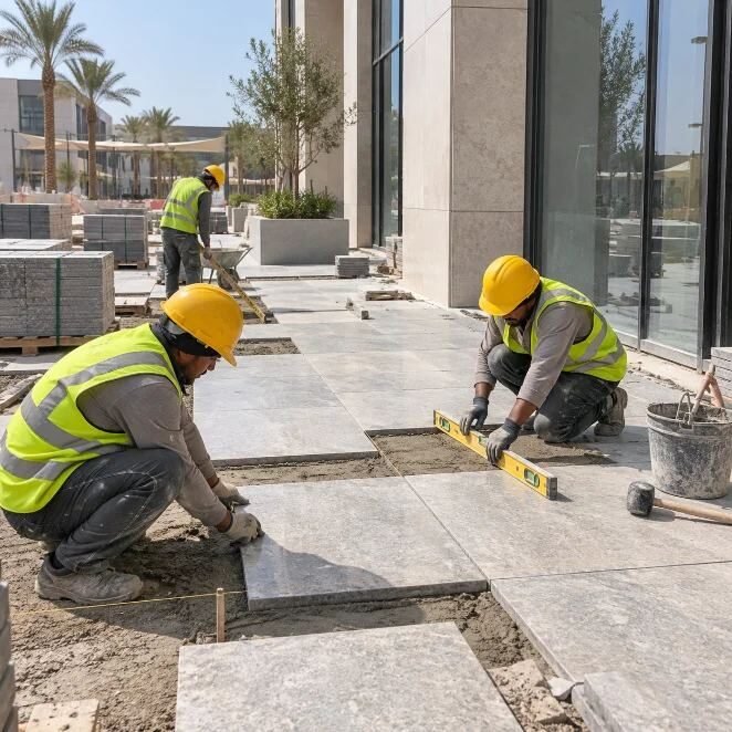 External paving — stone slabs set to level and line.