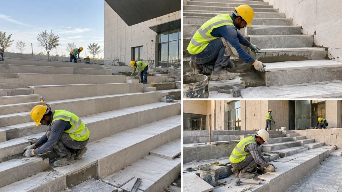 Stone steps bedded, levelled and pointed.