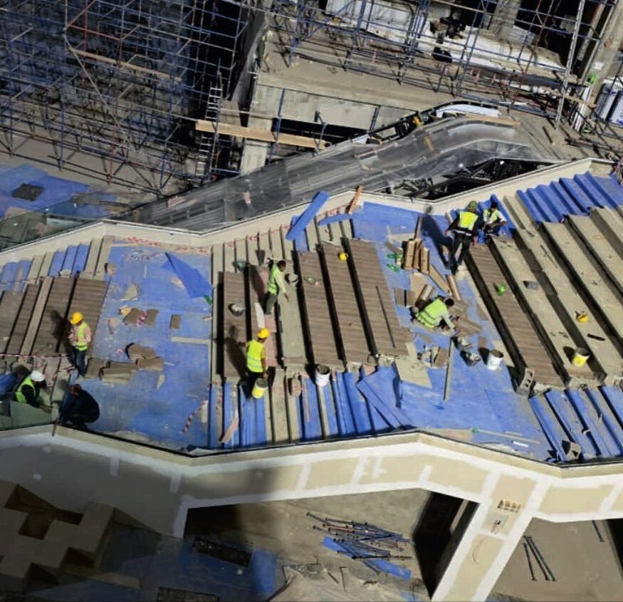 Terraced seating and stair cladding, set out from datum.